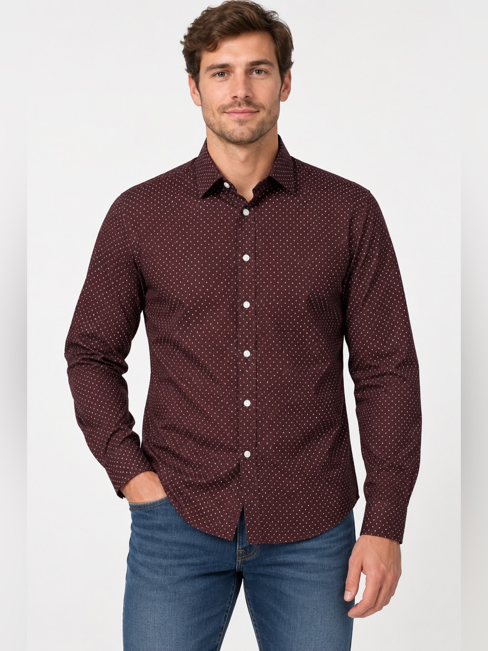 H&M Men’s Slim Fit Dress Shirt Large Burgundy Polka Dot Easy Iron Long Sleeve